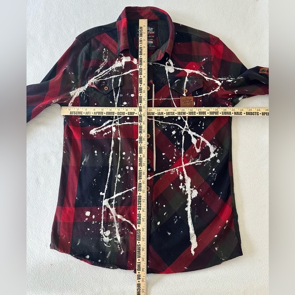 American Heritage Shirt Mens XL Red Plaid Paint Splatter Roll Tab Long Sleeve - Picture 12 of 15